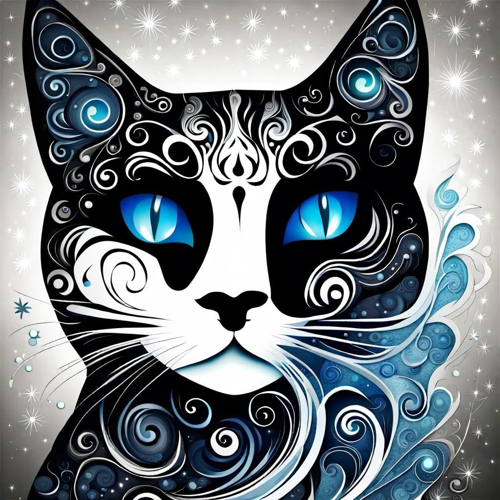 Black Cat Under Milky Way in Abstract Fractal Style