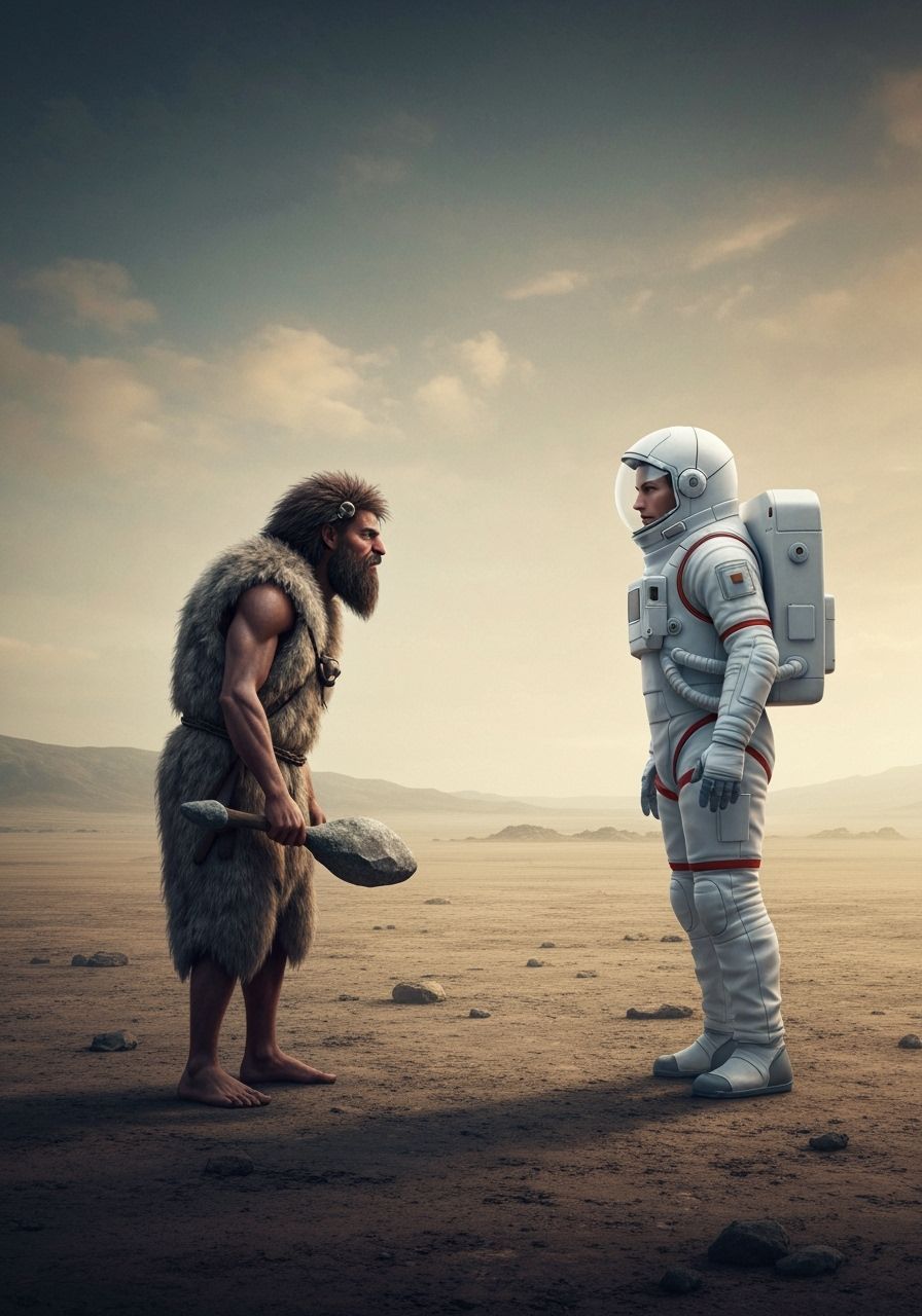 Caveman Meets Astronaut in Prehistoric Landscape