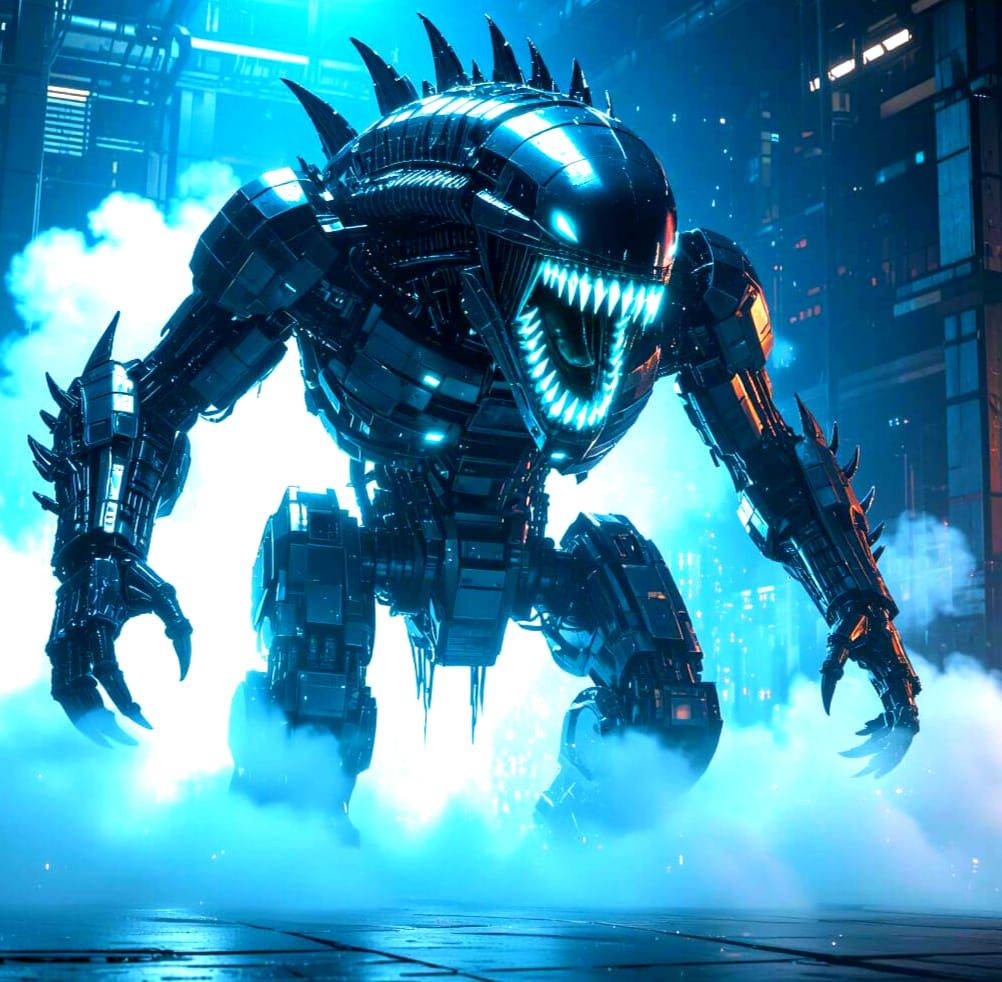 Cybernetic Monster with Glowing Shark Teeth