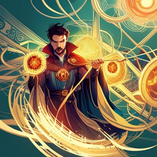 Steampunk Doctor Strange Digital Art with Golden Outlines