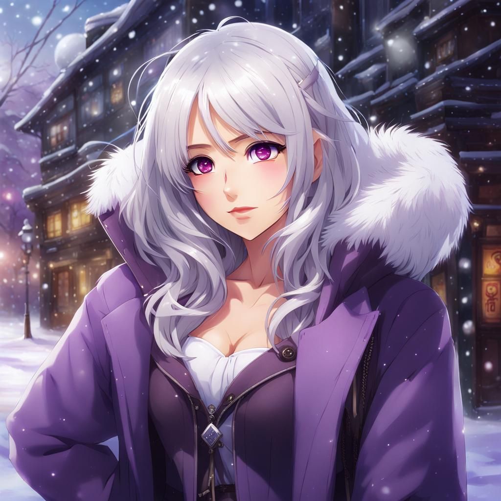 Anime Girl with Silver Hair and Winter Coat