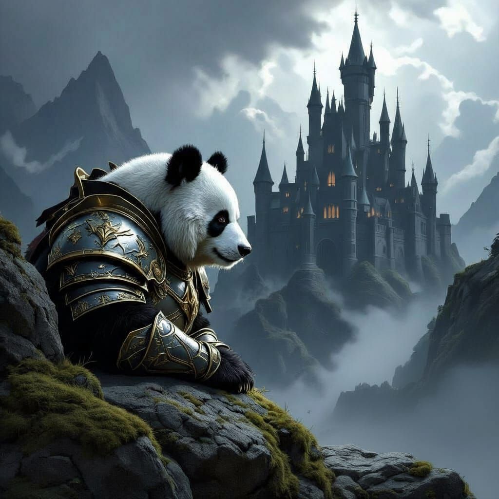 Panda Warrior Hiding Behind Boulder Near Gothic Castle