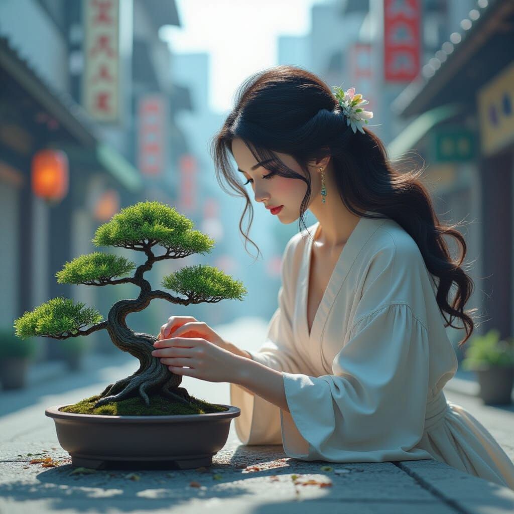 Art Nouveau Woman Tends Bonsai in Futuristic Tokyo Ruins