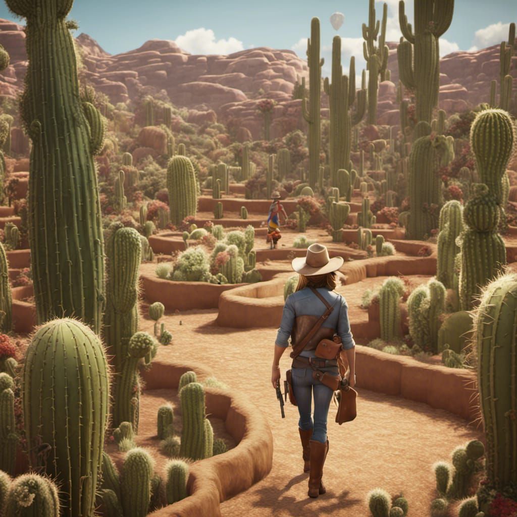 Cowboy and Cowgirl in Cactus Maze, 3D Render