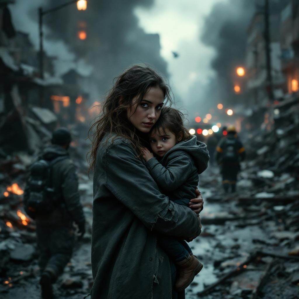 Woman and Child in Post-Apocalyptic Cityscape