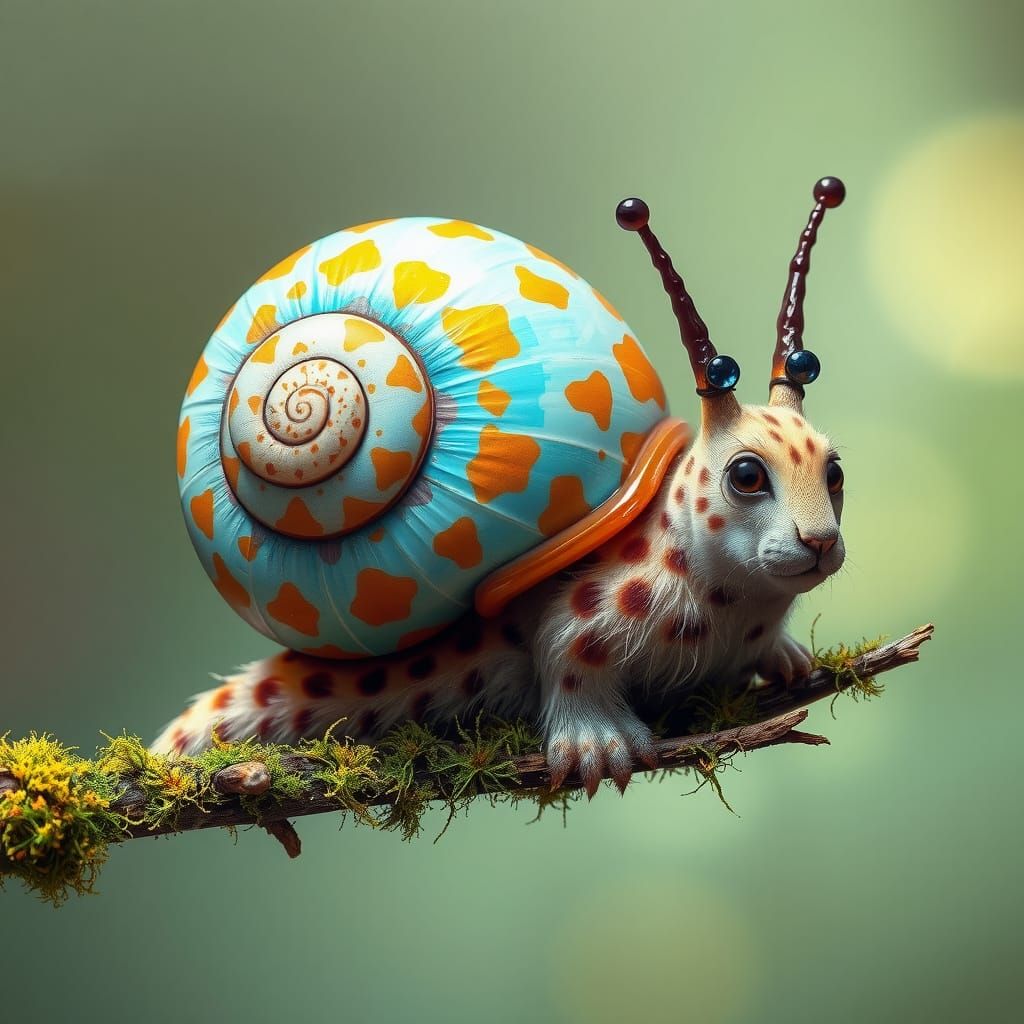 Whimsical Snail-Cat Sits on Mossy Branch