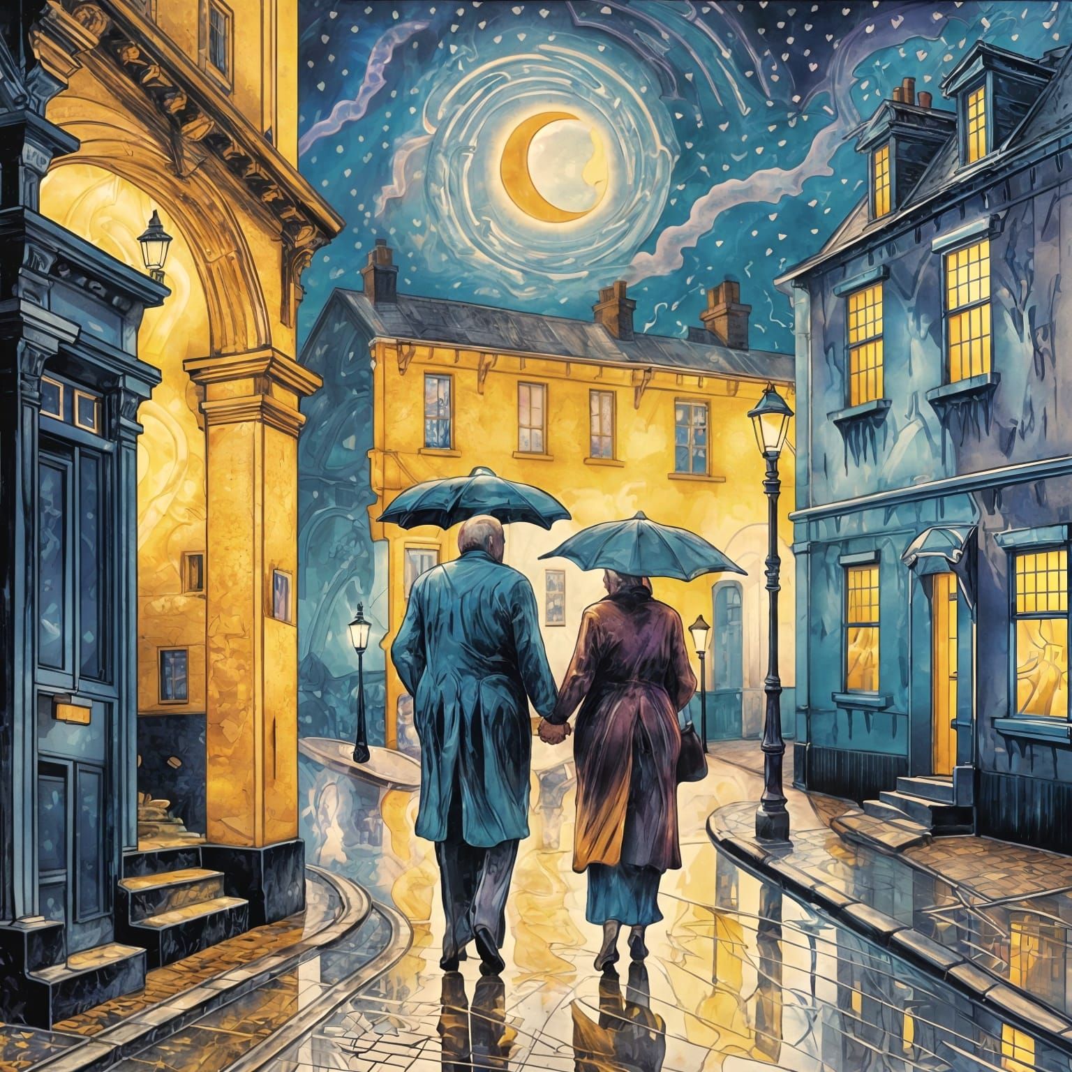 Elderly Couple Walking in Rainy Street, Impasto Painting