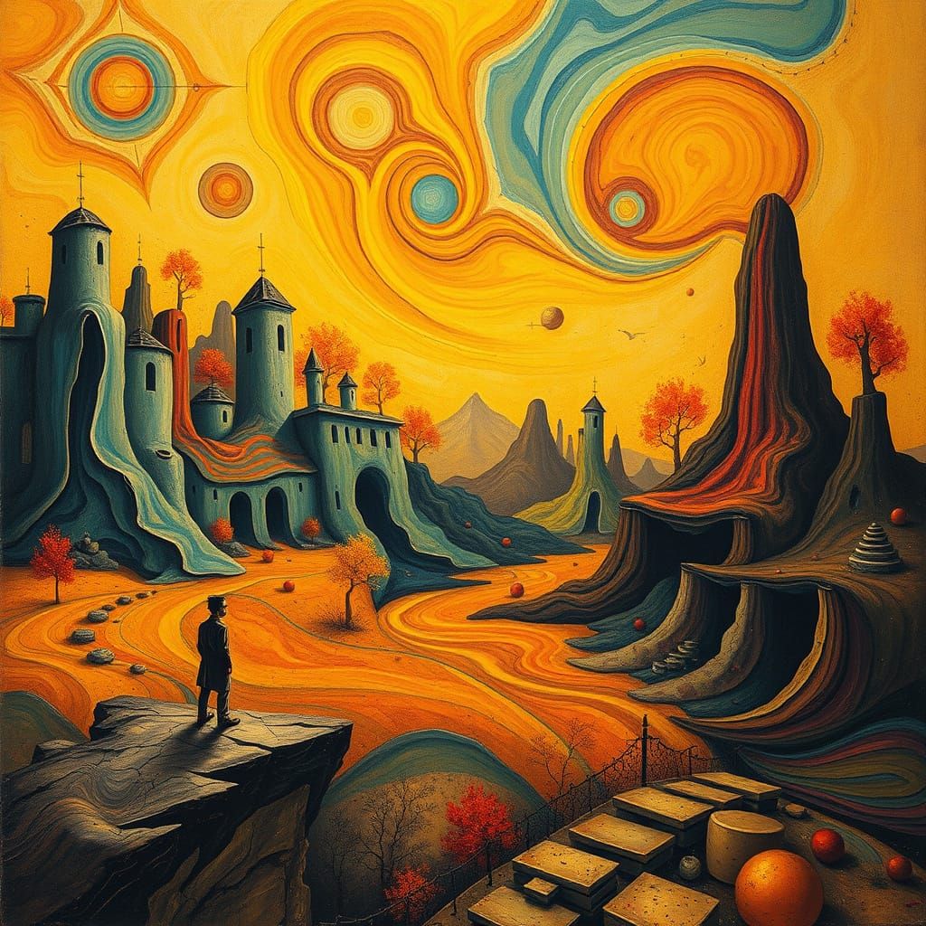 An abstract surrealist landscape where the concept of transf...