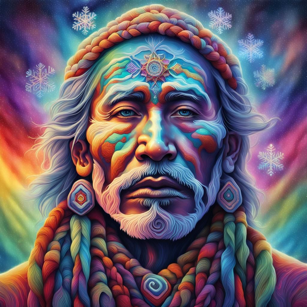 Shaman's Face in Cosmic Snowstorm: Visionary Art
