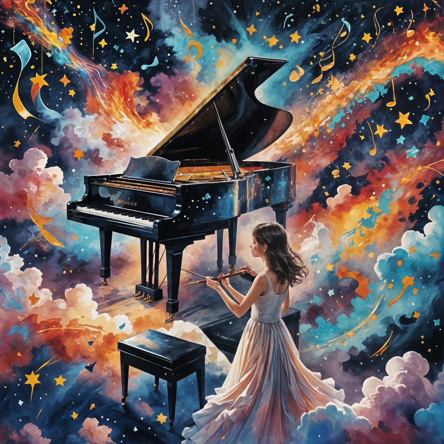Girl Paints Music on Cosmic Sky