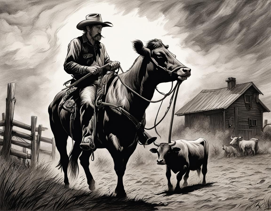 Grizzled cowboy branding a steer with red hot "CC" branding ...