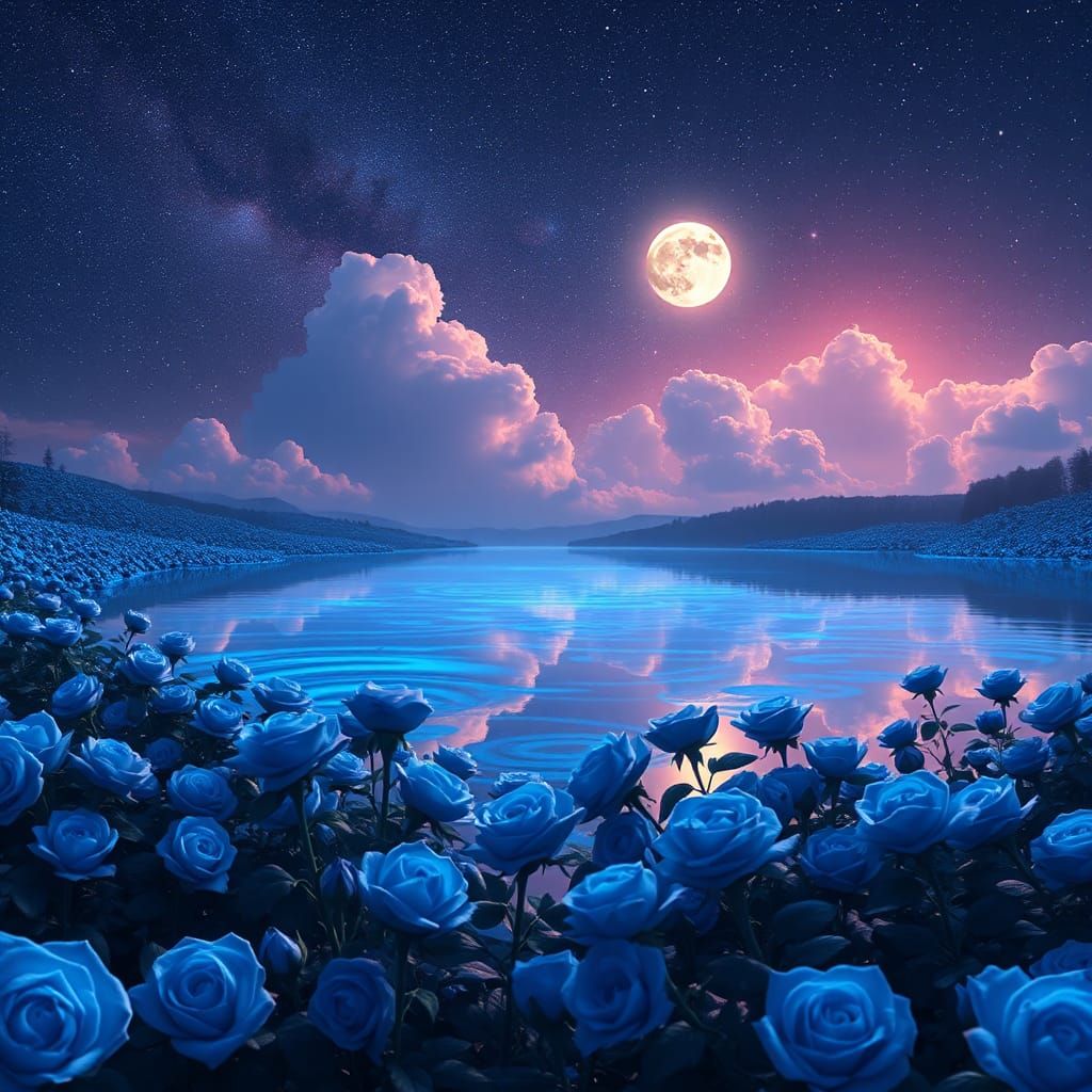 Glowing Lake with Blue Roses Under Galaxy Sky