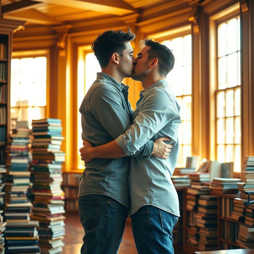 Two Young Men Share a Kiss in Library