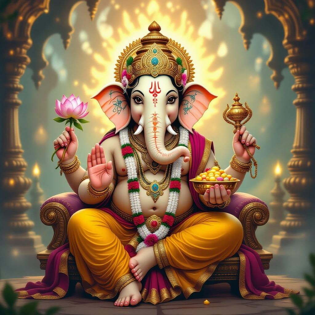 Lord Ganesha Seated on Lotus Throne in Mystical Realm