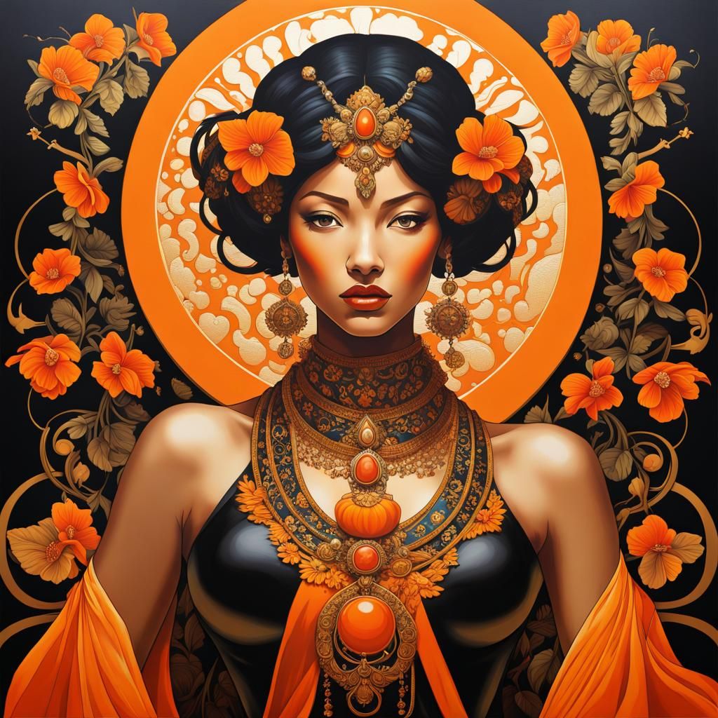 Baroque Goddess Portrait in Orange and Black