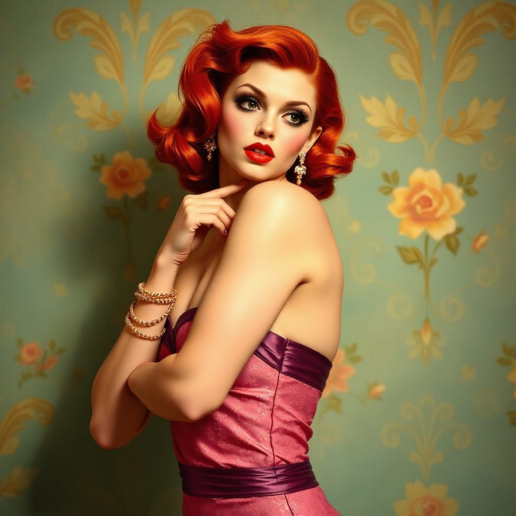 Flirty Redhead Pin-Up in Art Nouveau Style