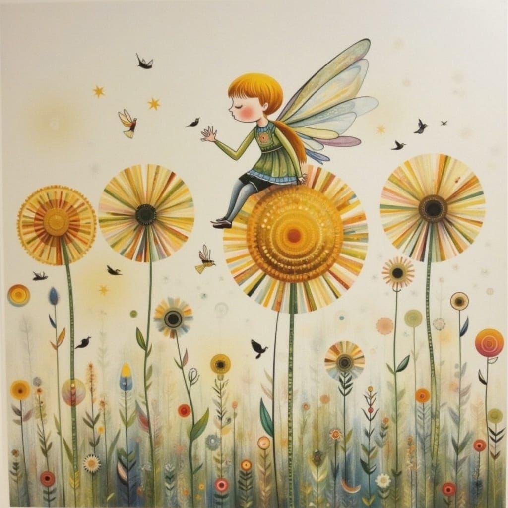 Vibrant Whimsical Pixie on a Dandelion in a Fantasy Landscap...