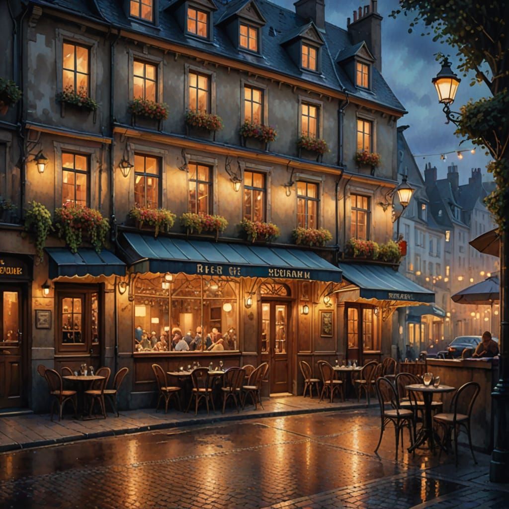 Cozy Belgian Bistro at Dusk Watercolor Painting