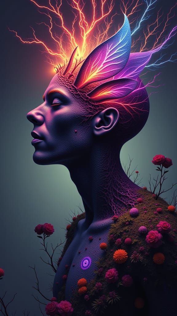 Surreal Portrait: Man Illuminated by Rainbow Lightning