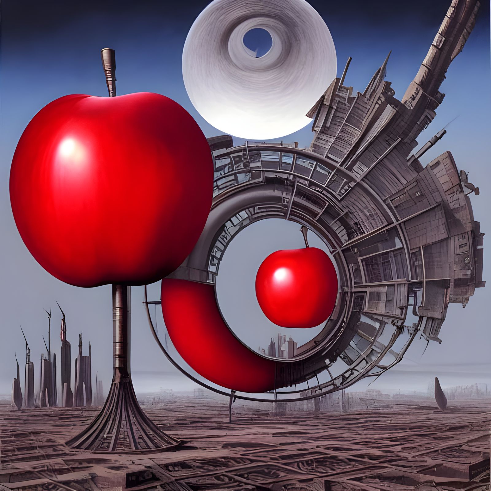 Retrofuturistic Apple Spiral in Abstract Expressionist Style