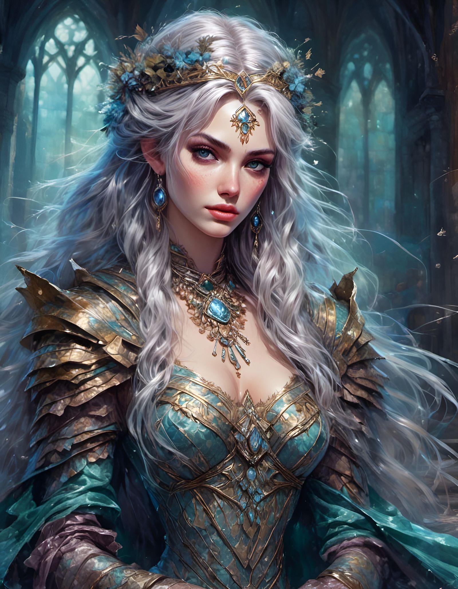 Fantasy Queen in Snowy Castle, Digital Watercolor Art