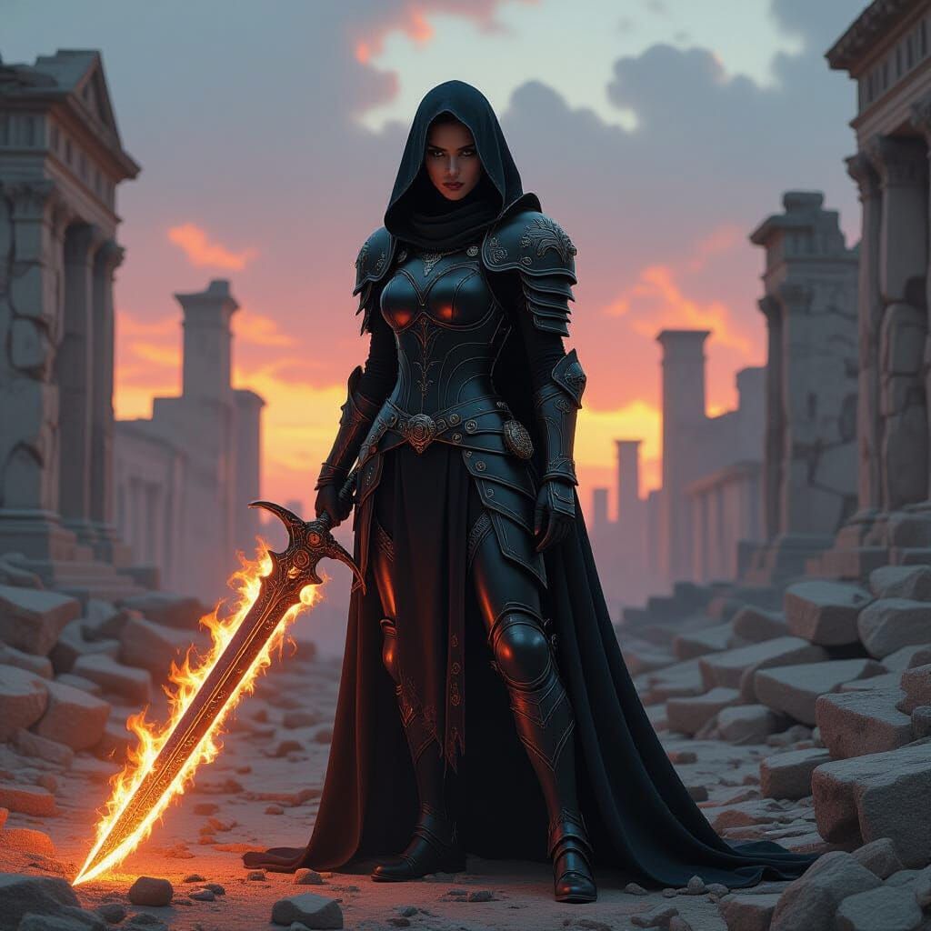 Death Angel with Flaming Sword in Ruined City