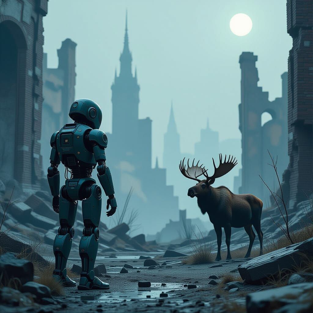 Automaton in Ruined City Gazes at Moose
