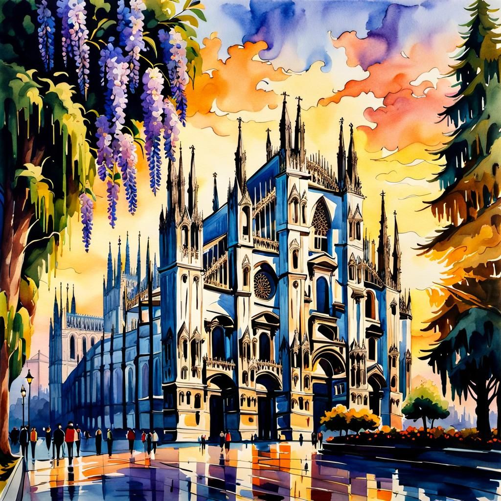 Milan Cathedral at Sunrise in Watercolor Style
