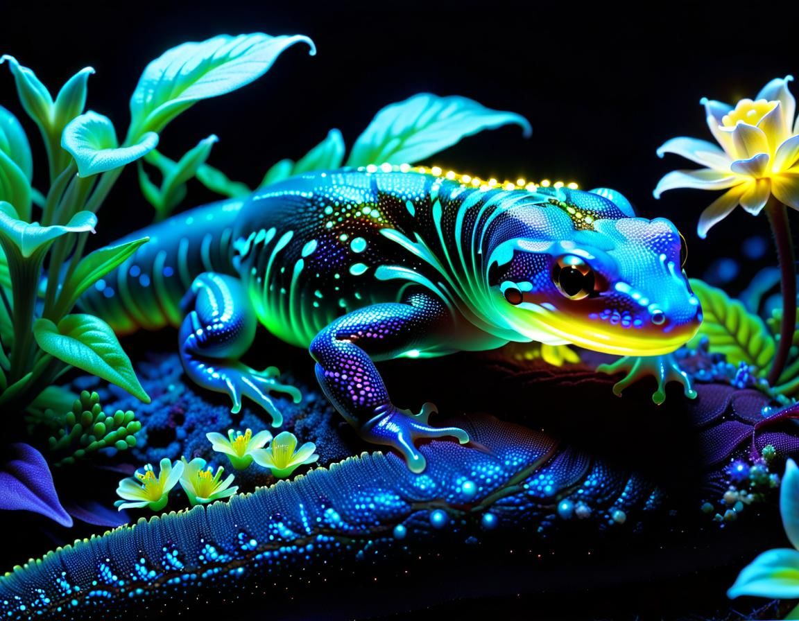 Bioluminescent Salamander on Glowing Flower