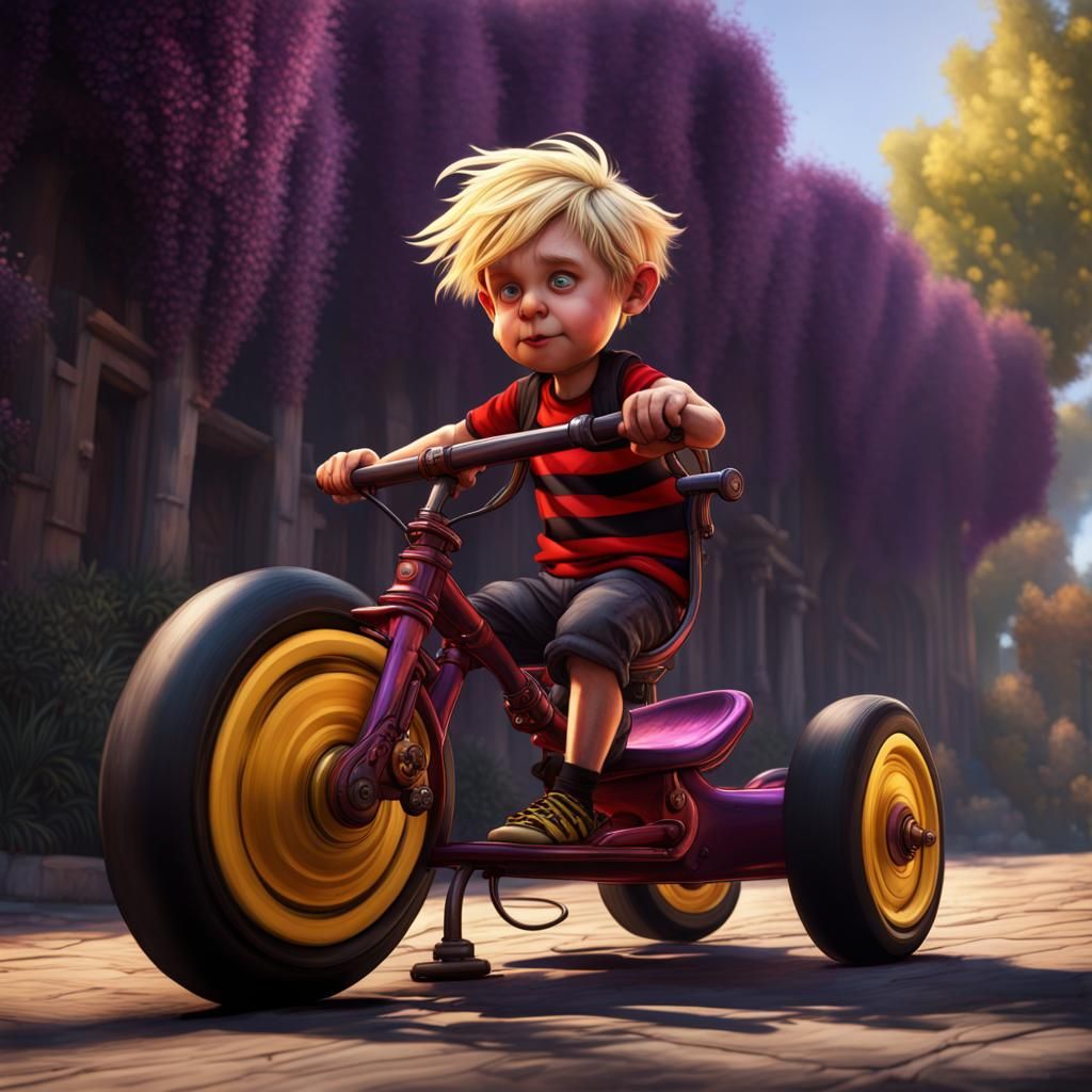 Dennis the menace riding a big wheel trike