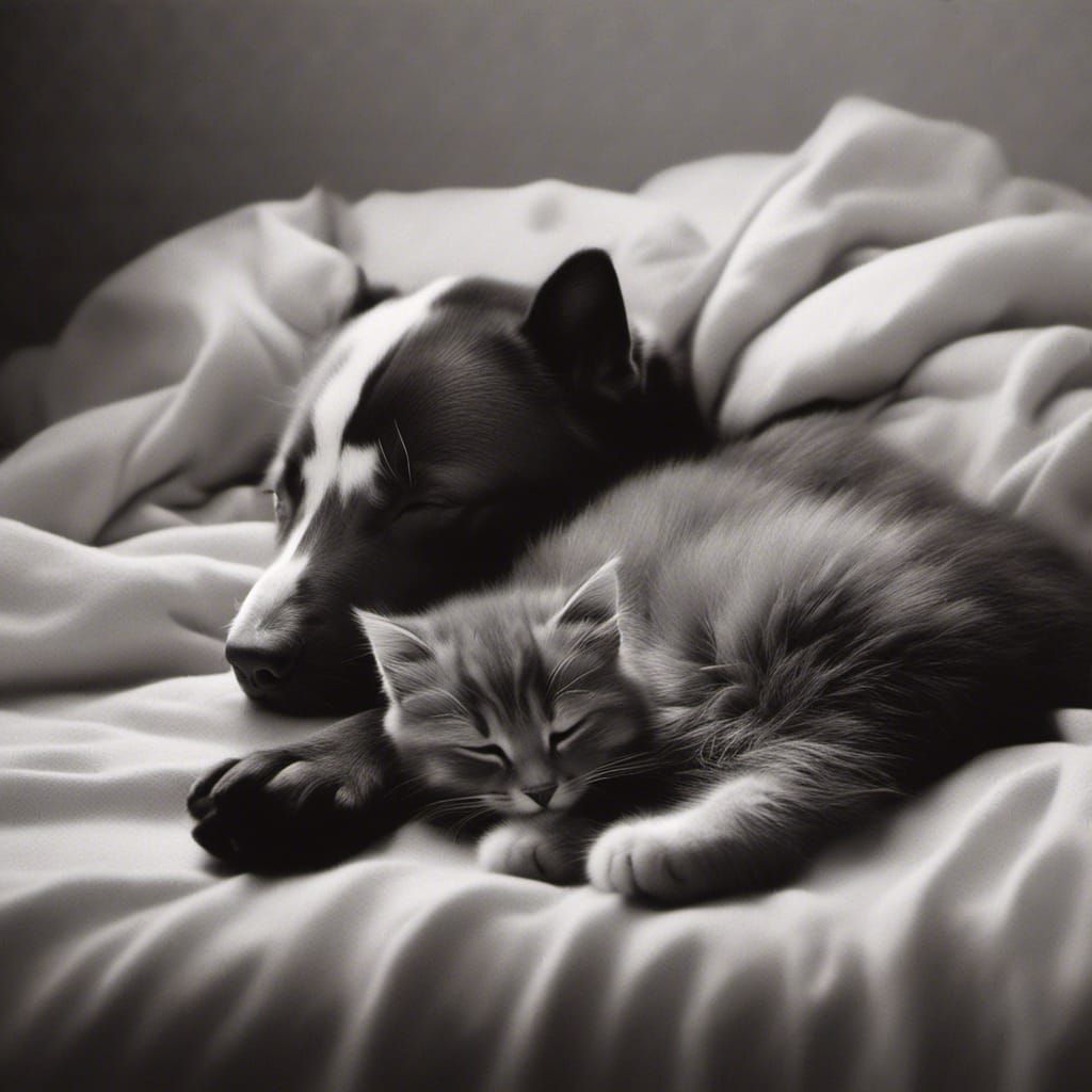 Minimalist Cat and Dog Sleeping in Monochrome