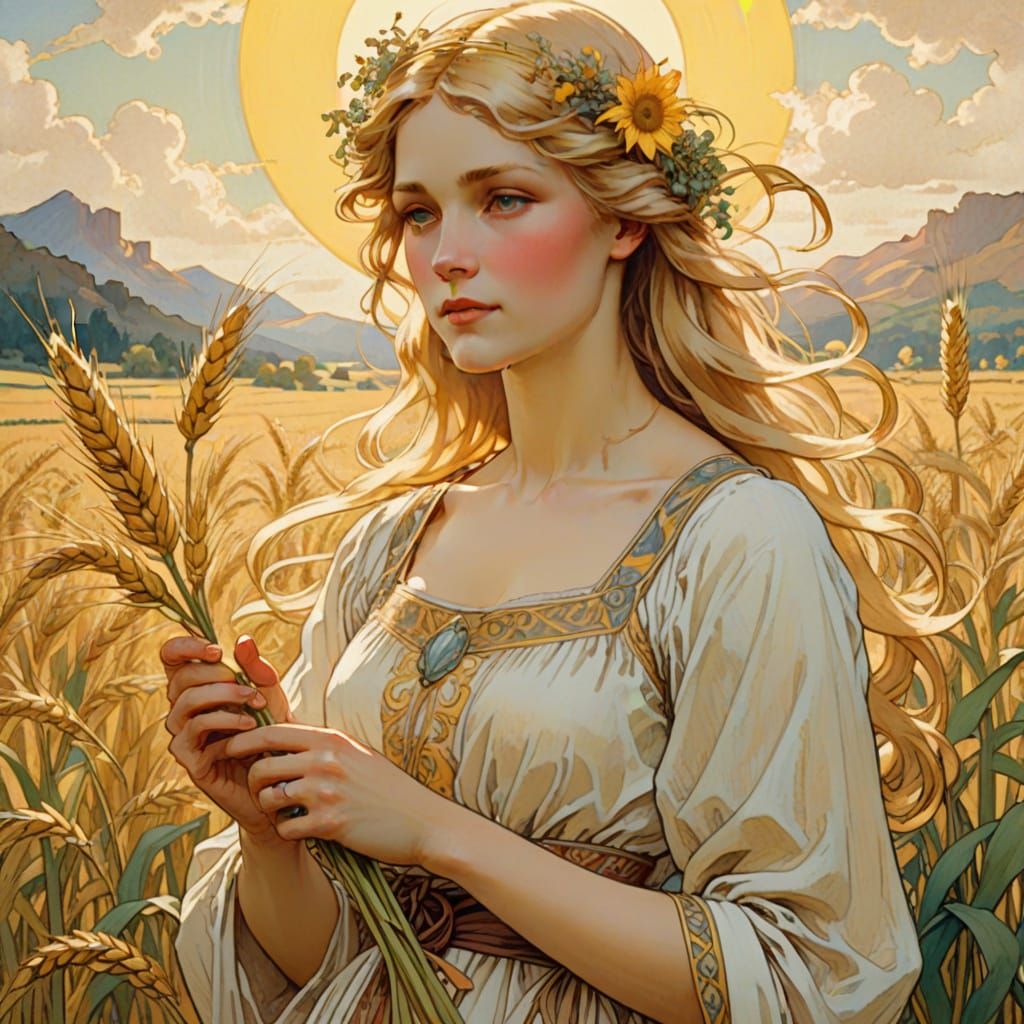 Golden Haired Woman with Wheat in Mucha Style