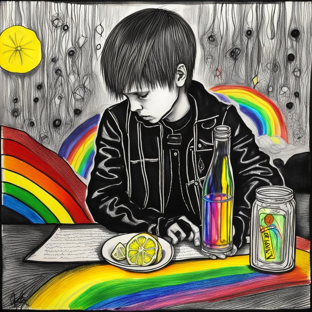 Gloomy Goth Teenager with Rainbows in Surreal Crayon Art