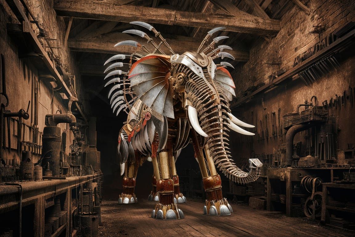 Steampunk Mechanical Elephant in Blacksmith's Hall
