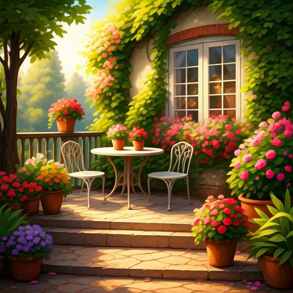 Flowery Cottage Garden on a Green Terrace