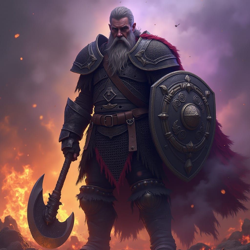 Norse Warrior in Flames, Dark Fantasy Armor and Axe