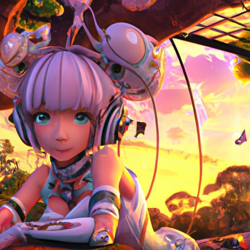 Cyberpunk Anime Robot Bunny in Treehouse at Sunset