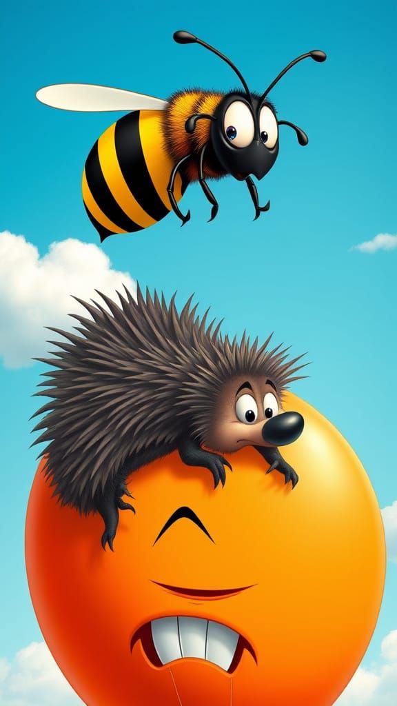 Comical Bee and Porcupine on Bright Orange Balloon