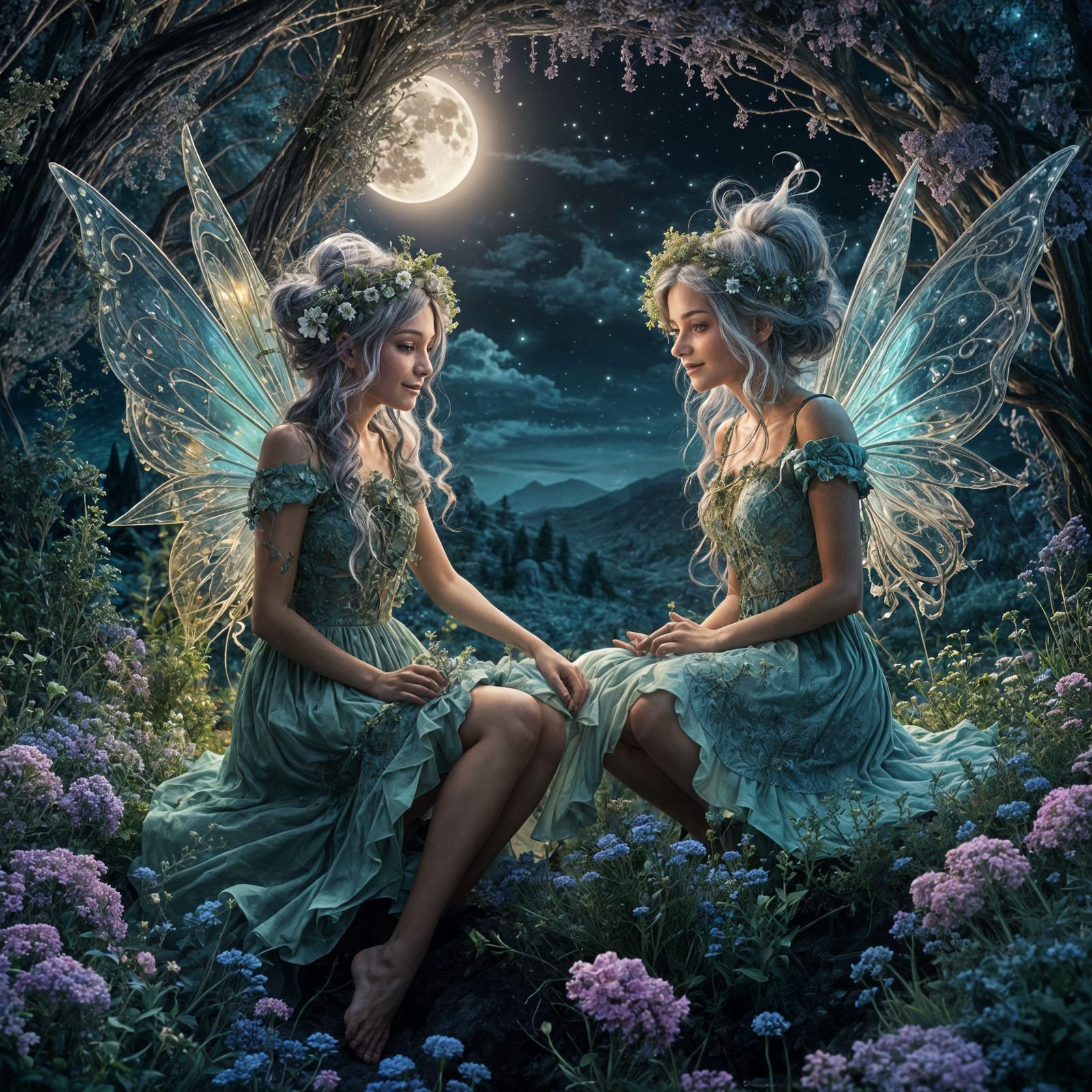 Smiling Thyme Fairy Girls in Moonlit Field
