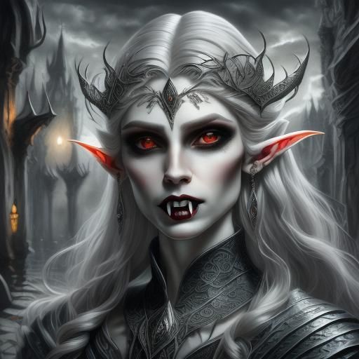 Elvish Vampire with Fangs in Watercolor Style