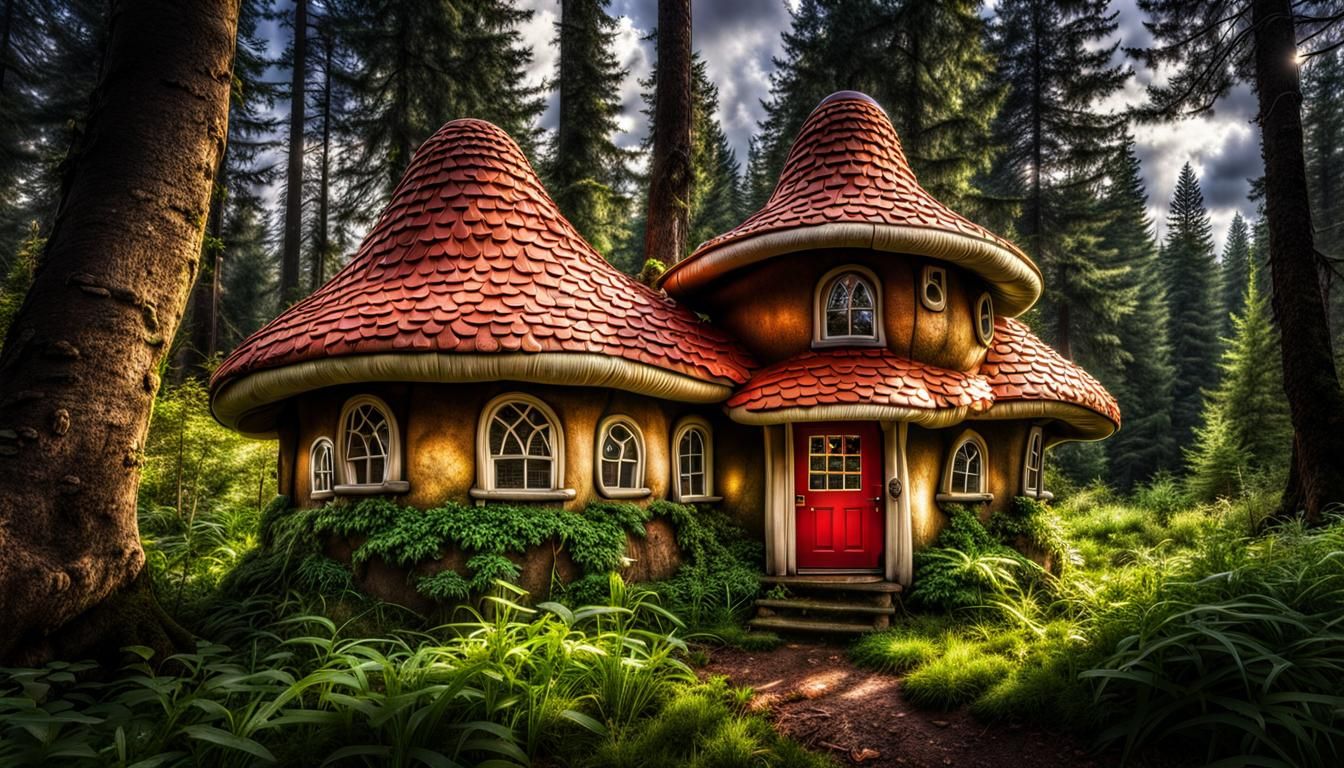 Hyperrealistic Toadstool Homes in Moody Forest