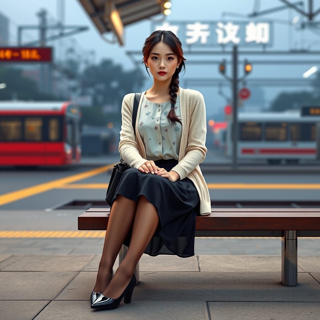 Mid-Twenties Female Spy Awaits Evening Bus Ride Home in Eleg...
