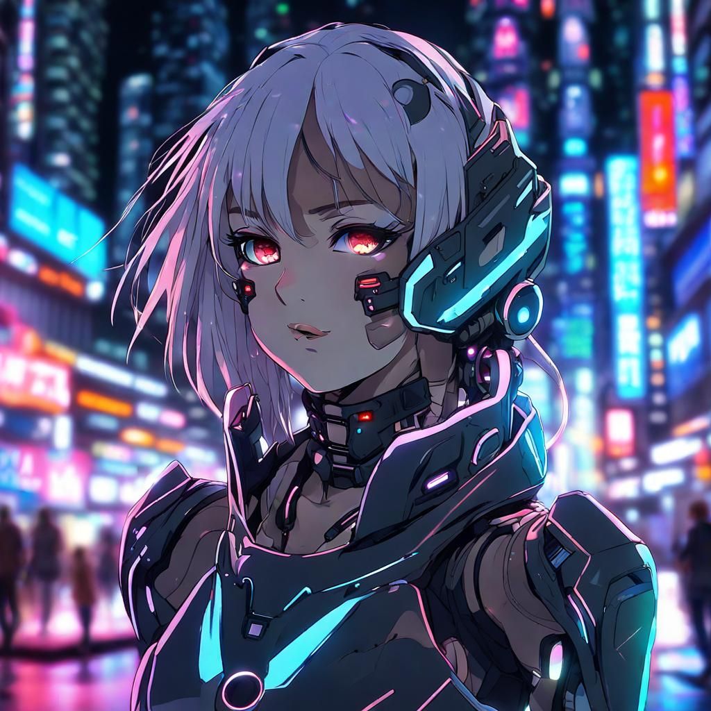 Cyborg Girl in Neon Cityscape