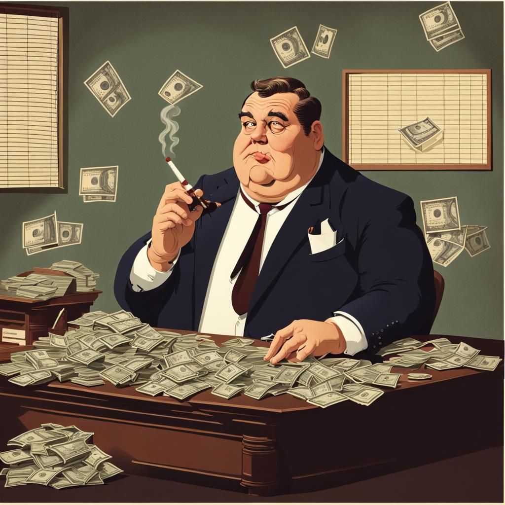 Fat Banker Counting Money in 1960s Film Style