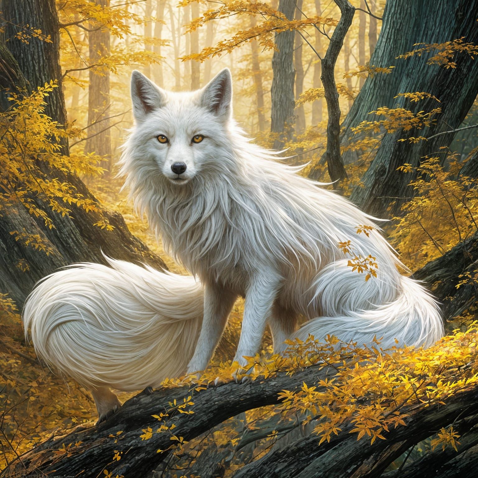 Nine-Tailed Fox in Iridescent Gold Forest
