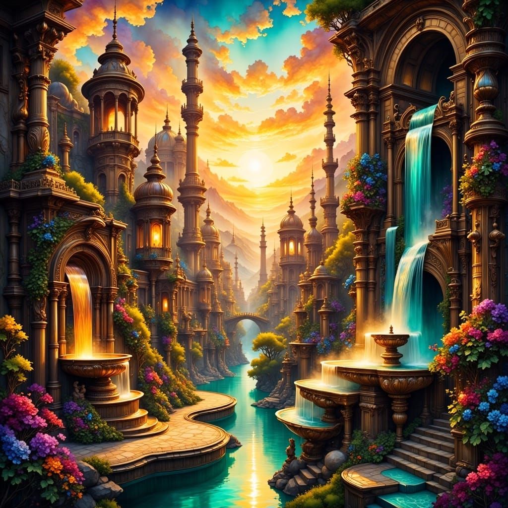 Mystical Roman Cityscape in Golden Hour Light