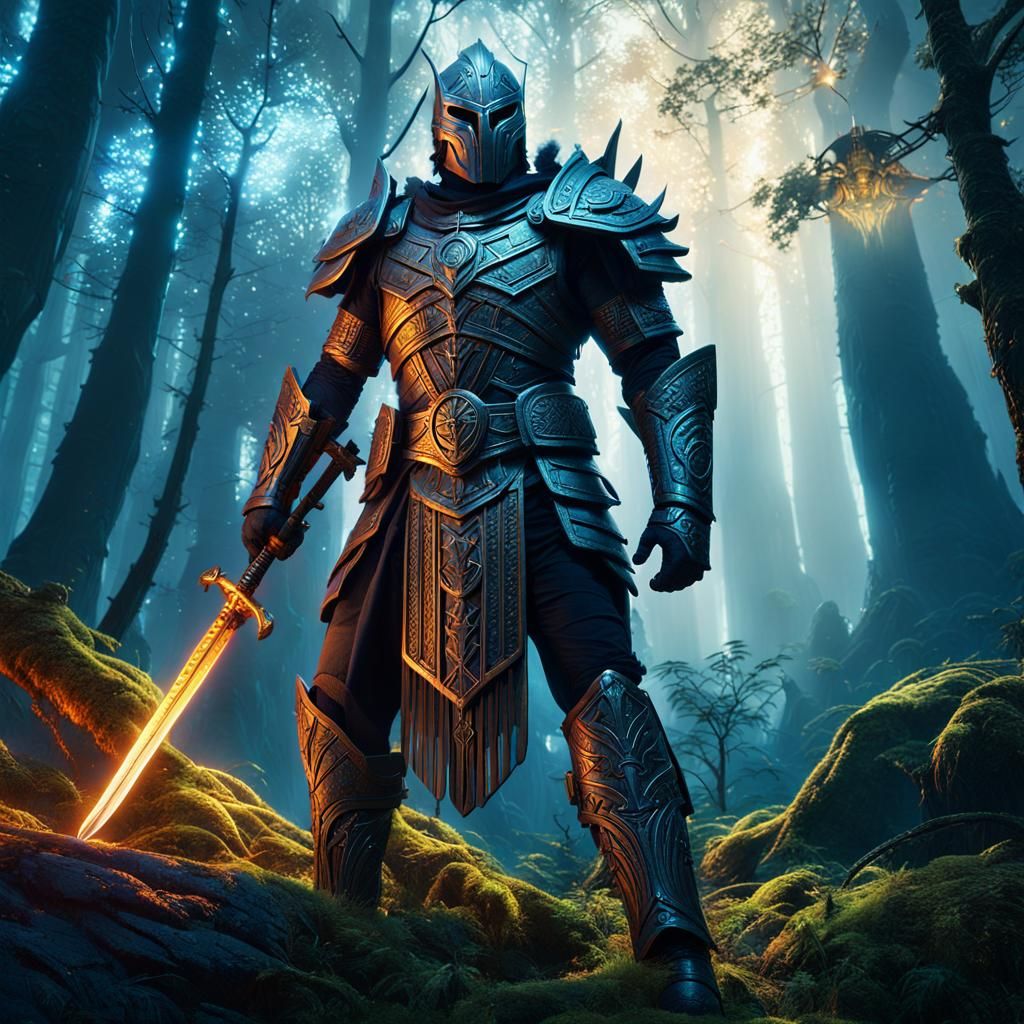 Heroic Figure at Mystical Forest Edge