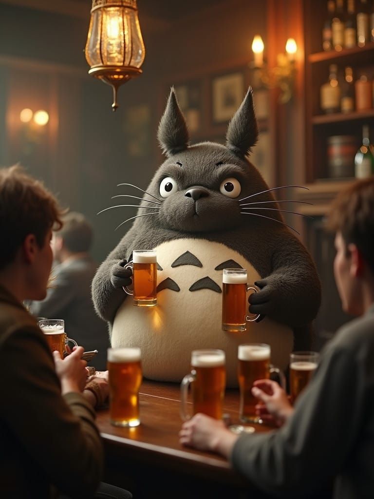 Totoro Enjoys Pint with Friends in English Pub Scene