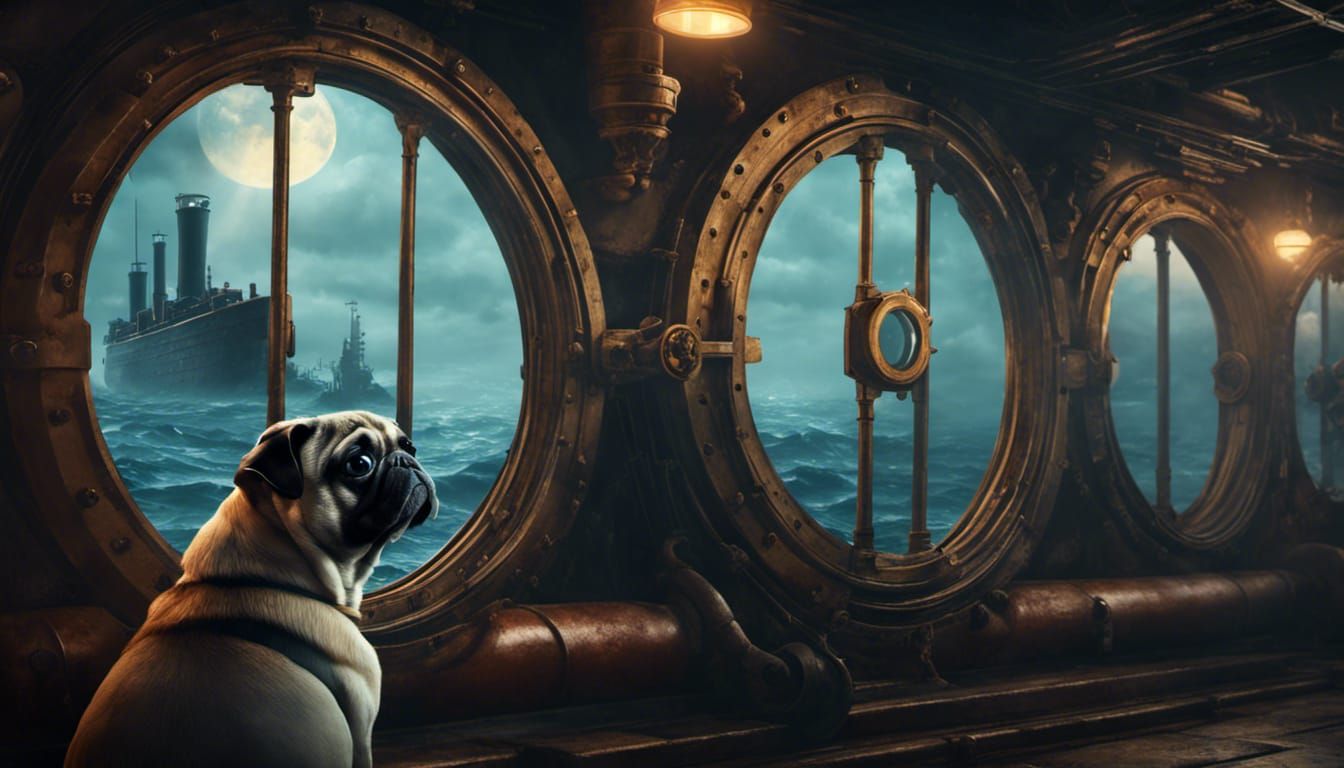 Pug in Victorian Submarine Window, Detailed Matte Painting
