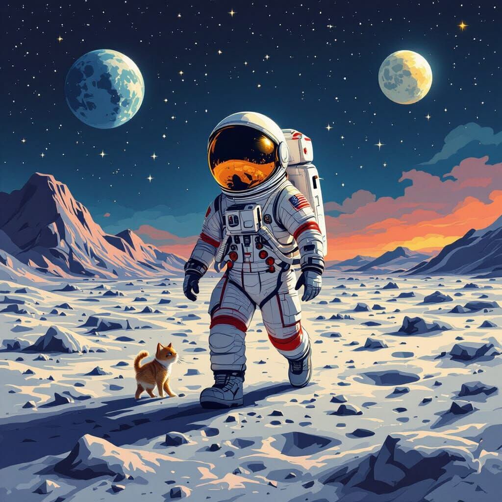 Astronaut Cat on the Moon in Cartoon Style
